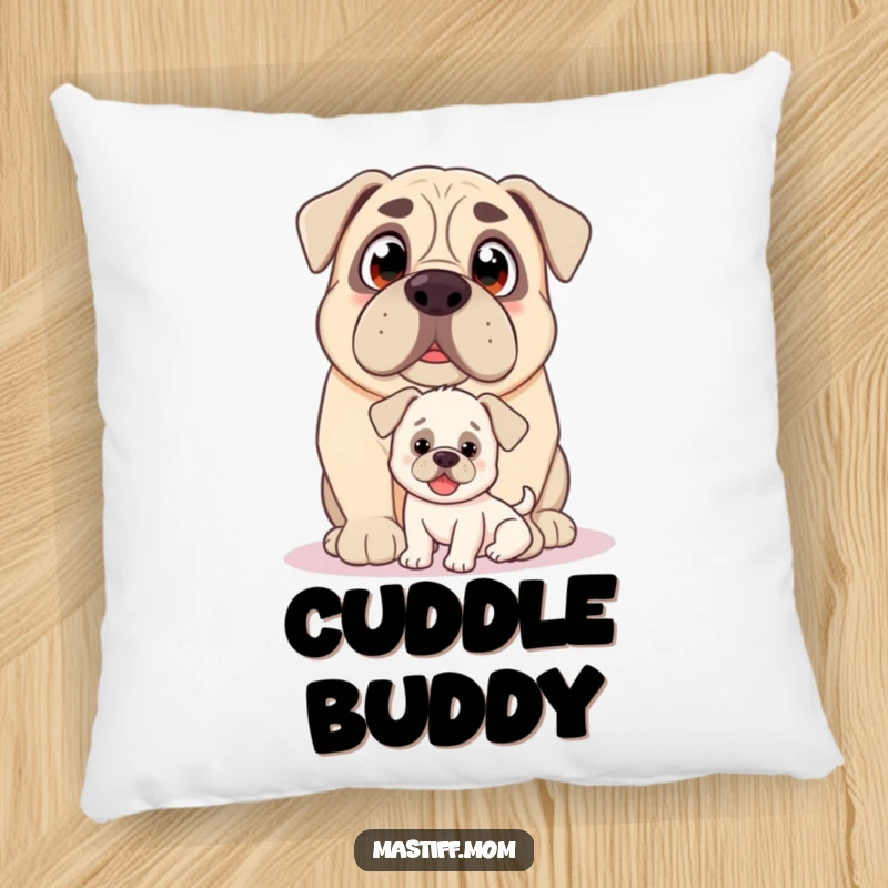 Funny Kawaii Mastiff pillow, with loving eyes, nudging a small, happy puppy, soft and humorous.