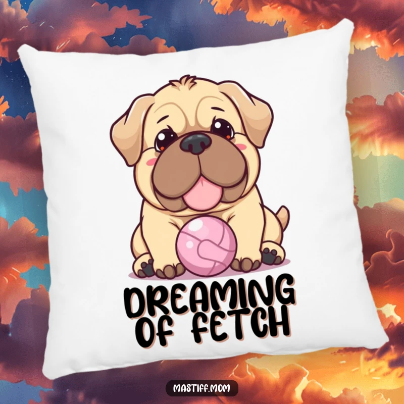 Funny Kawaii Mastiff pillow featuring a dog with a warm expression gently nudging a tiny ball, offering soft, humorous comfort.