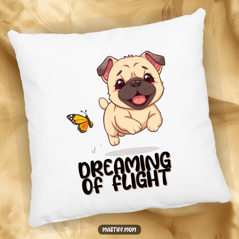 Funny Kawaii Mastiff puppy joyfully chasing a tiny butterfly, depicted on a soft pillow, a cozy funny gift.