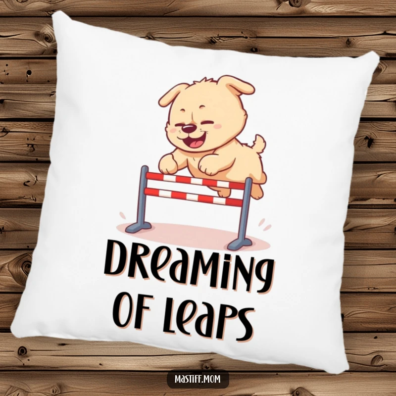 Funny Kawaii Mastiff pillow, depicted mid-clumsy leap over a hurdle, offering comfort and embodying endearing, joyous effort.