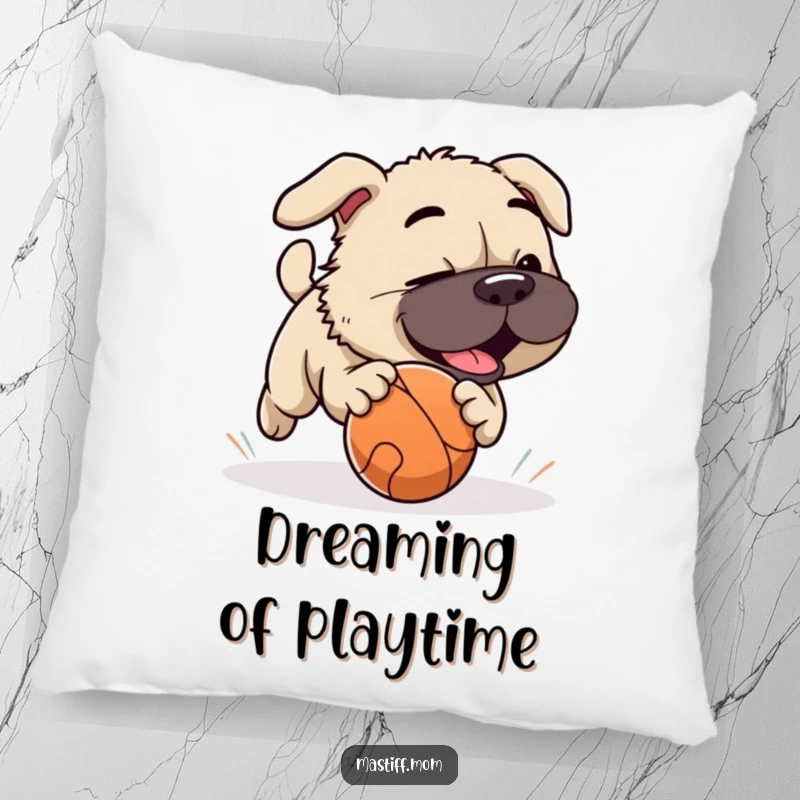 Funny Mastiff dog playfully chasing a rolling ball, a soft decorative pillow for cozy relaxation.