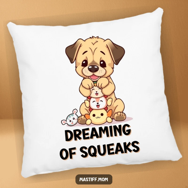 Funny, playful Mastiff cub balancing a stack of tiny squeaky toys, a soft and comforting pillow with playful flair.