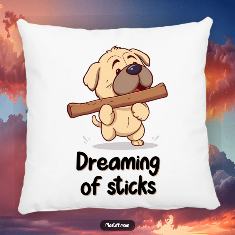 Funny Mastiff Pillow: A sweet kawaii Mastiff happily playing fetch with a massive stick, perfect for cuddles.