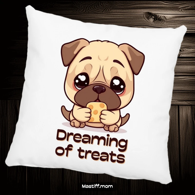 Funny Mastiff Treat Pillow, featuring a kawaii mastiff with large, pleading eyes, holding one treat, perfect for adding comfort and humor.
