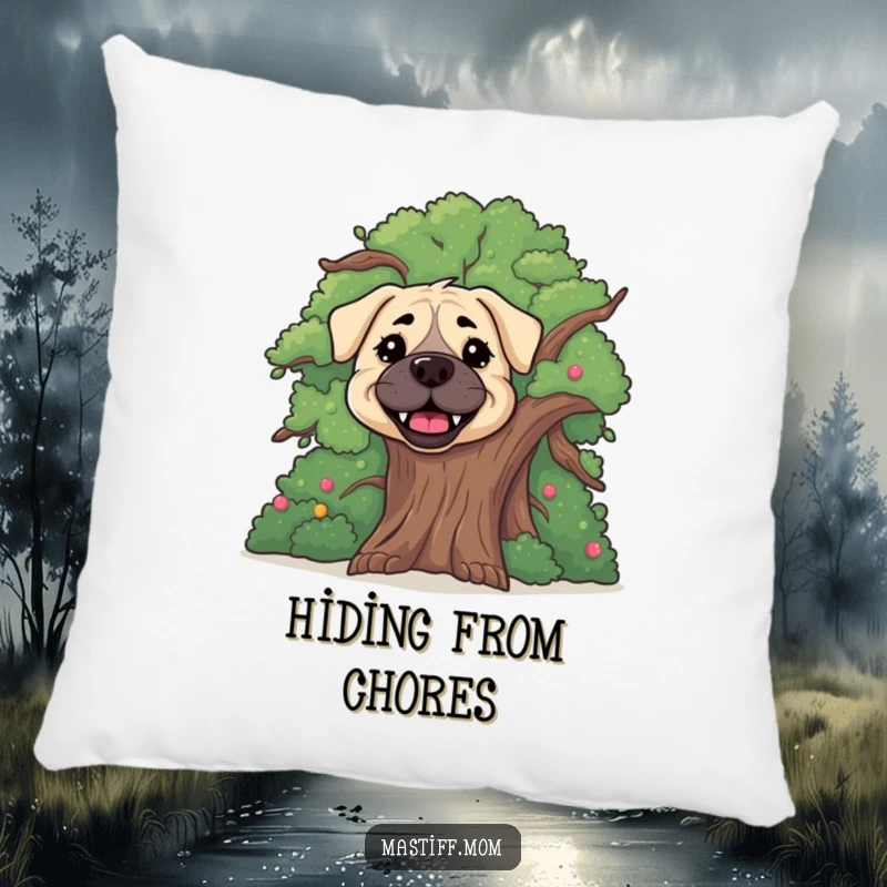 Funny happy Mastiff dog pillow, soft and decorative, featuring a cute dog peeking from behind a tree.