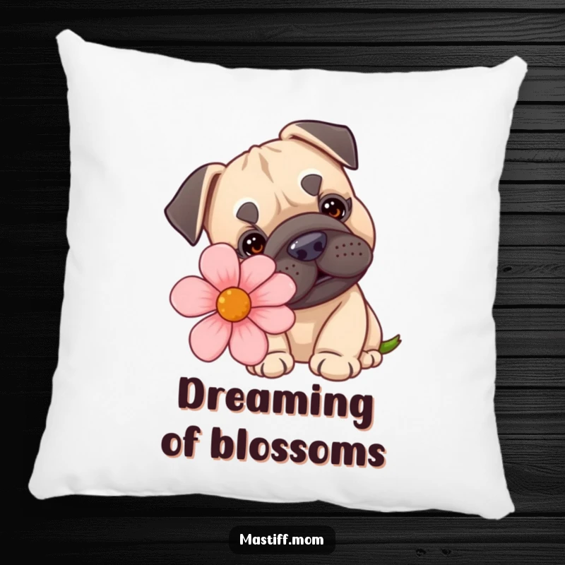 Funny, decorative pillow showcasing a kawaii Mastiff curiously sniffing a comically massive flower, offering comfort and a chuckle.