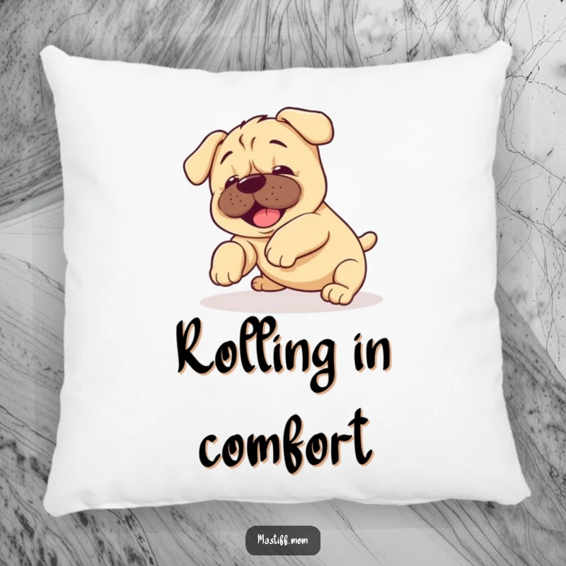 Funny Kawaii Mastiff Puppy Pillow showcasing a happy puppy mid-tumble, radiating endearingly clumsy joy.