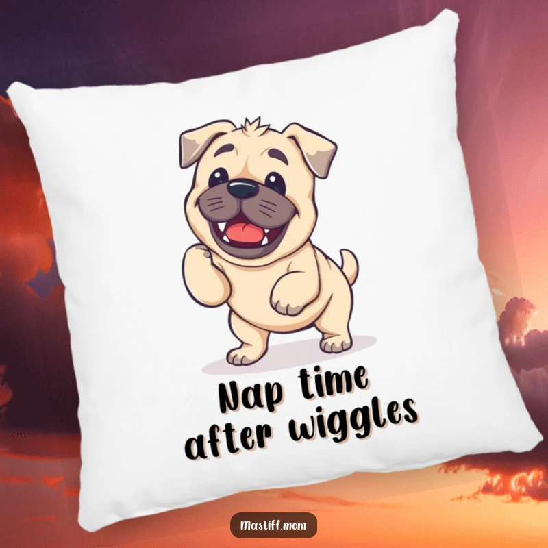 Funny Kawaii Mastiff Pillow depicting a dog performing a wonderfully wobbly and enthusiastic wiggle.