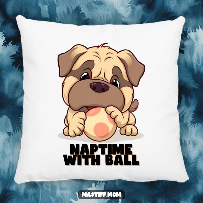 Funny, soft pillow featuring a large Mastiff character playfully nudging a bouncy ball, offering comfort and a playful spirit.