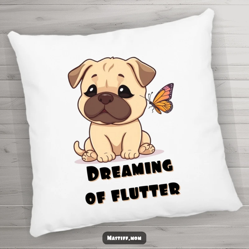 Funny Mastiff Pillow showcasing a gentle giant dog’s hilarious, wide-eyed surprise at a minuscule butterfly. Soft and humorous.