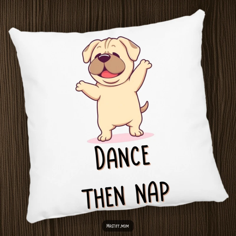 Funny Mastiff Dance Pillow, featuring a happy kawaii mastiff dancing with droopy ears, perfect for adding comfort and playful humor.