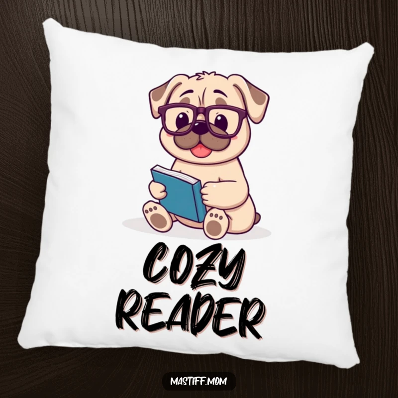 Funny Mastiff pillow decor with a happy dog wearing reading glasses, contentedly holding a book.