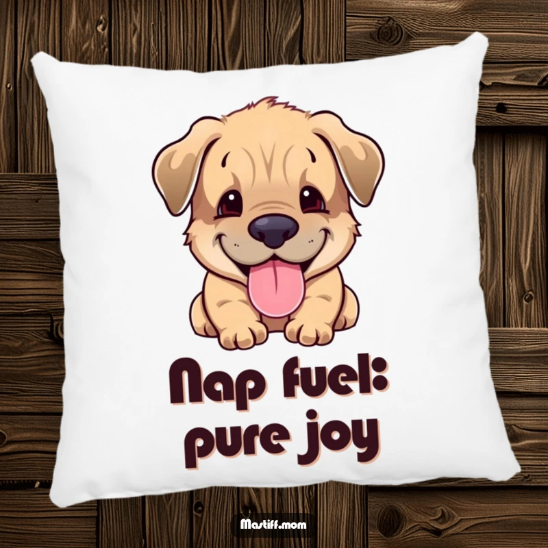 Funny Mastiff cub pillow featuring a content puppy smiling and panting, adding a touch of cute humor to any room.