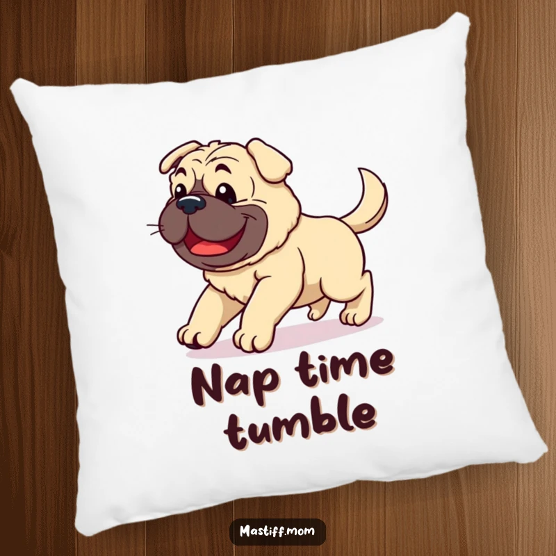 Funny Kawaii Mastiff pillow designed with a clumsy joyful dog stumbling with a happily wagging tail, perfect for cozy relaxation.