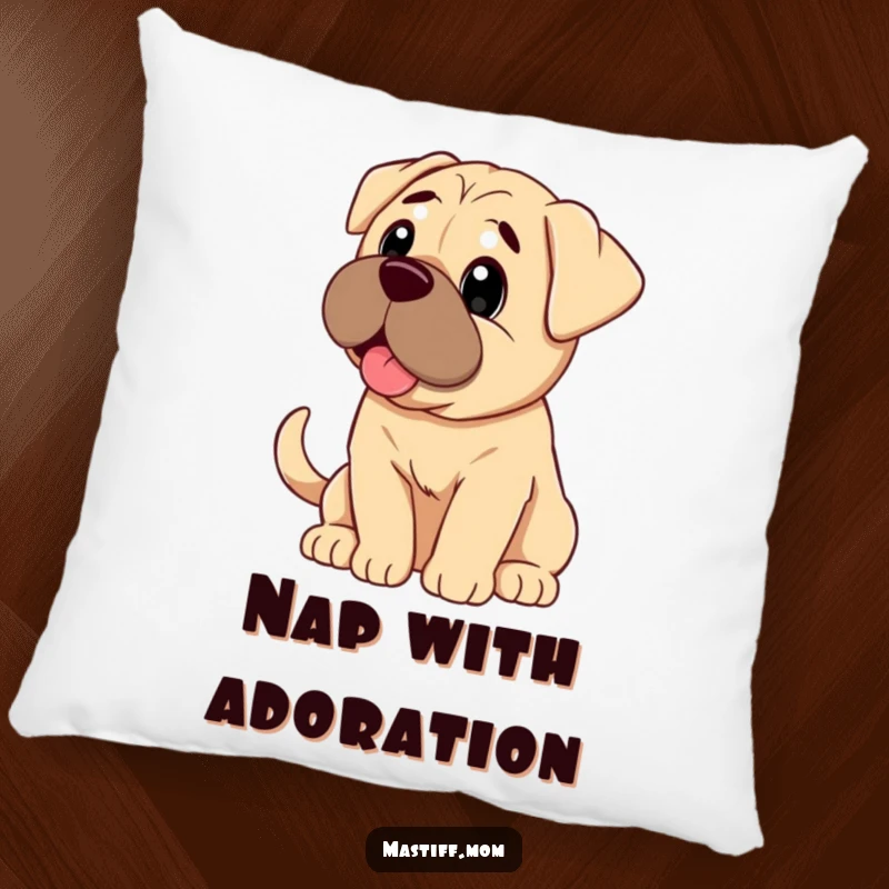 Funny Mastiff dog looking with pure adoration and a wagging tail, featured on a soft decorative pillow.