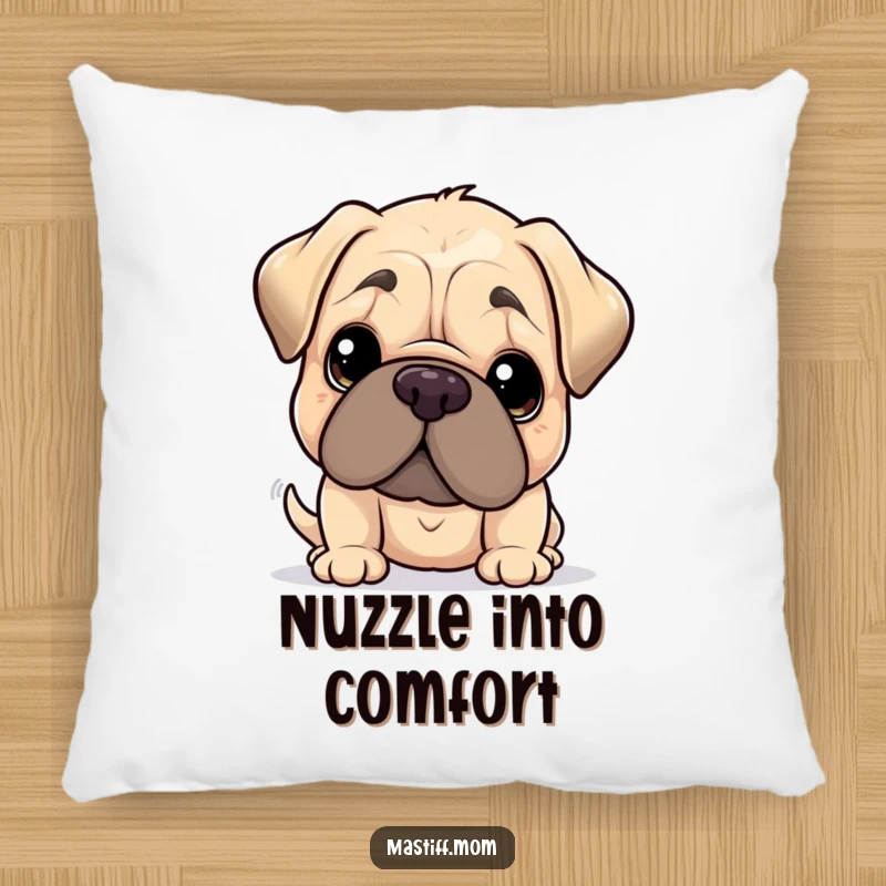 Funny Kawaii Mastiff Pillow, soft and plush, showing a gentle nudge with its oversized head, a humorous and comforting accent. Adorable and funny decor.