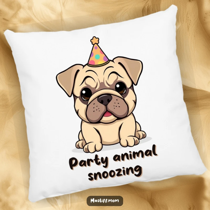 Funny Kawaii Mastiff Puppy Pillow showcasing a happy puppy wearing a tiny party hat that's just a little bit off-center.