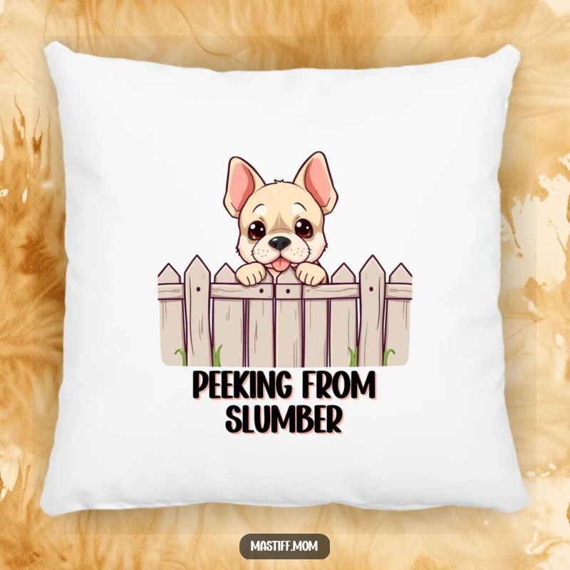 Funny, soft pillow featuring a Mastiff character peeking over a comically low fence, offering comfort and a playful vibe.