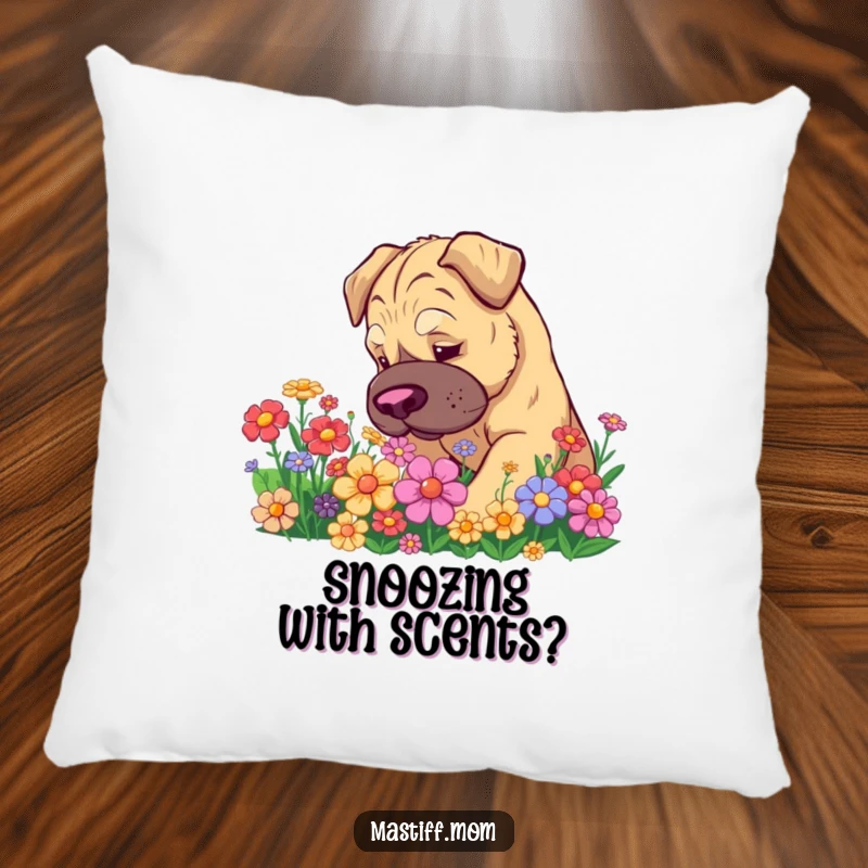 Funny Kawaii Mastiff Pillow: Charming dog sniffing colorful flowers, bringing playful humor and comfort to your living space.