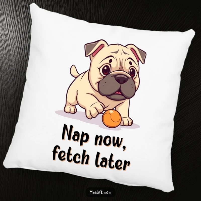 Funny Kawaii Mastiff Pillow, soft and huggable, showing a Mastiff trying to play fetch with a tiny ball. A humorous and cozy decor piece.