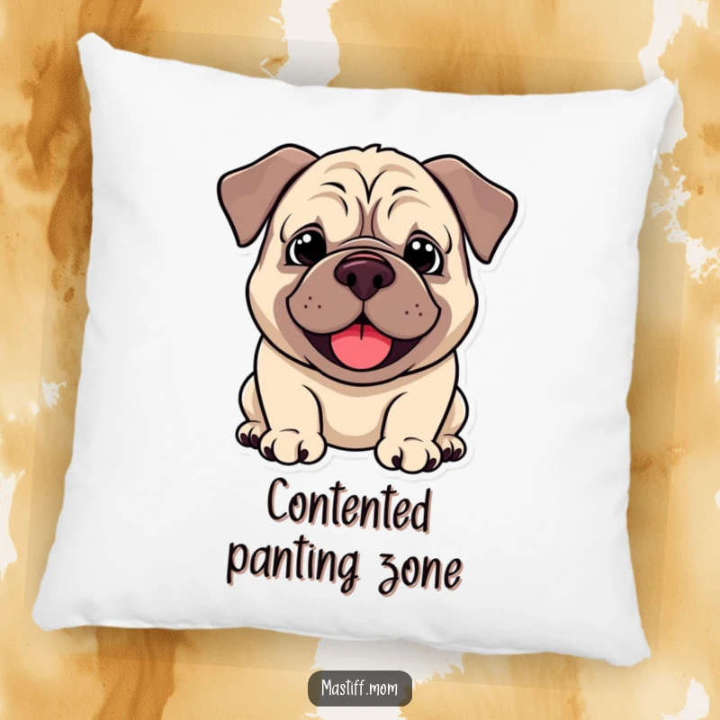 Funny Kawaii Mastiff Pillow, soft and plush, showing a droopy smile and happy pant, a humorous and comforting accent. Adorable and funny decor.