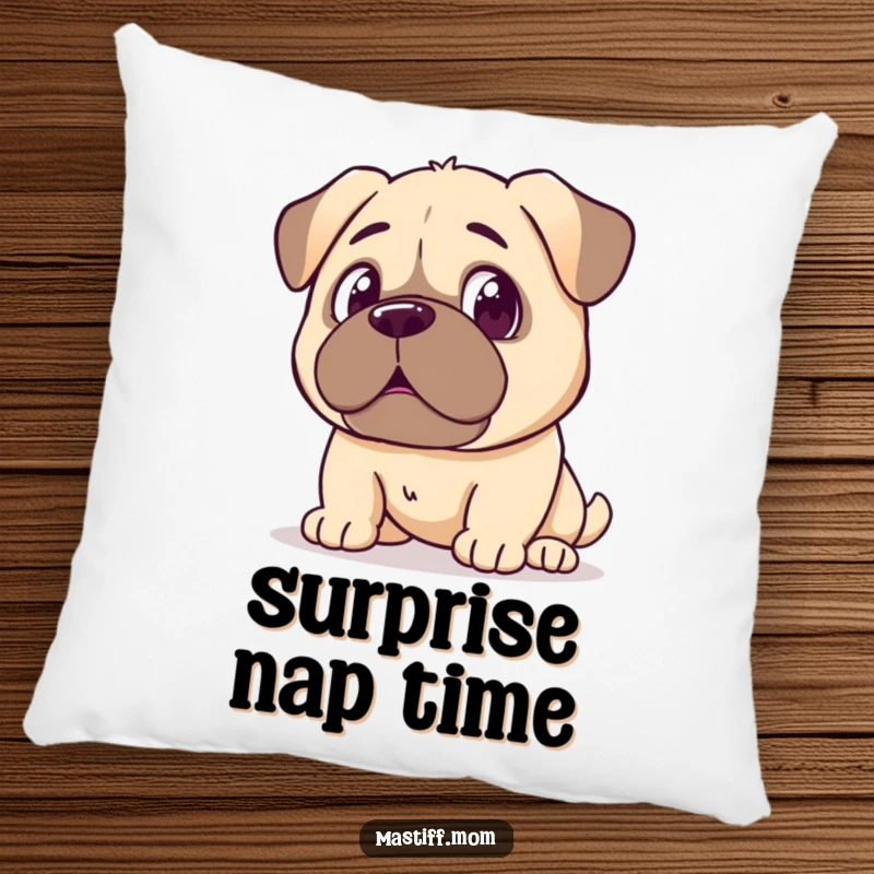 Funny Kawaii Mastiff Pillow, soft and plush, showing a surprised expression at its reflection, a humorous and comforting accent. Adorable and funny decor.