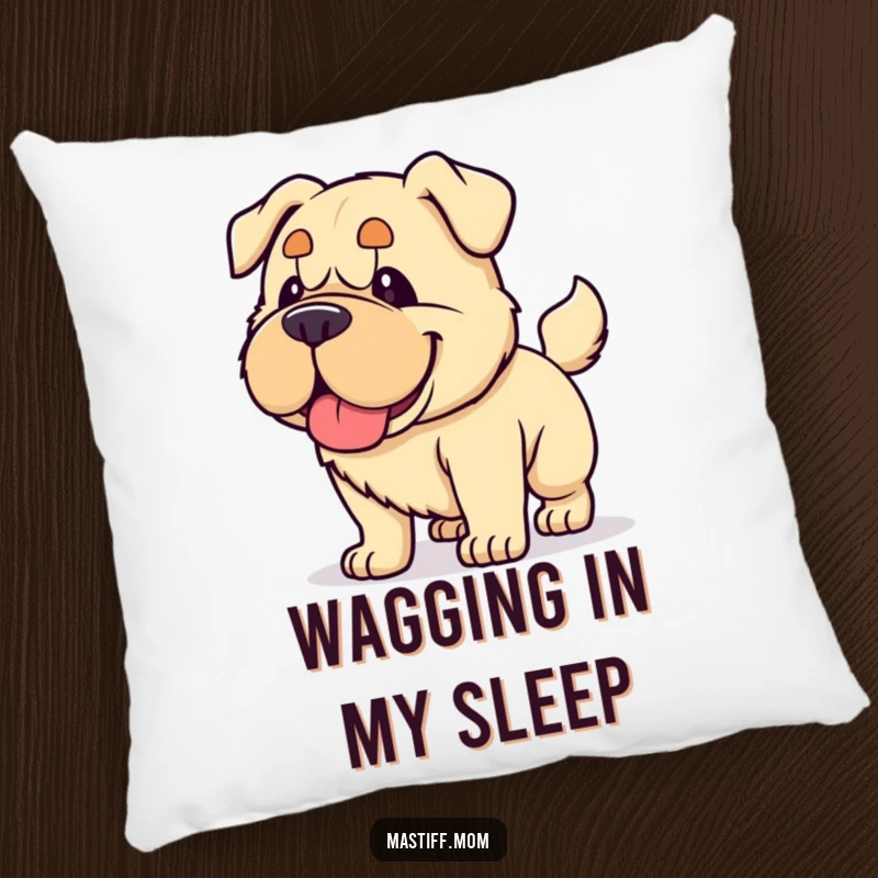 Funny Kawaii Mastiff pillow, depicting a happy dog panting and wagging its tail with immense force, offering comfort and cheerful energy.