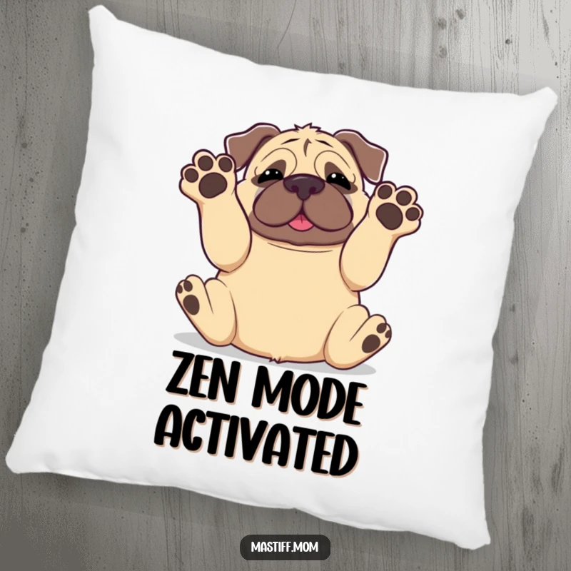 Funny Kawaii Mastiff Rolling Onto Back Paws in Air Pillow, decorative cushion, cute dog art, humorous home decor.