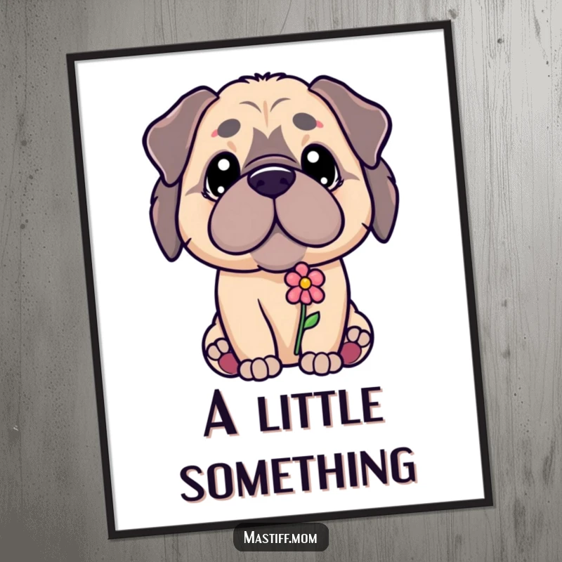 Funny Kawaii Mastiff puppy with a gentle gaze offering a tiny flower, as a heartwarming digital art print, an instant funny gift.
