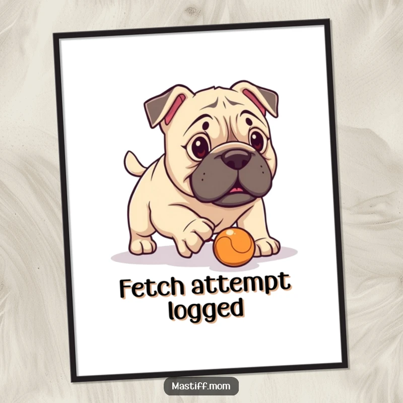 Funny Kawaii Mastiff Digital Art Print, hilariously attempting fetch with a minuscule ball, perfect for immediate download. Humorous dog art.