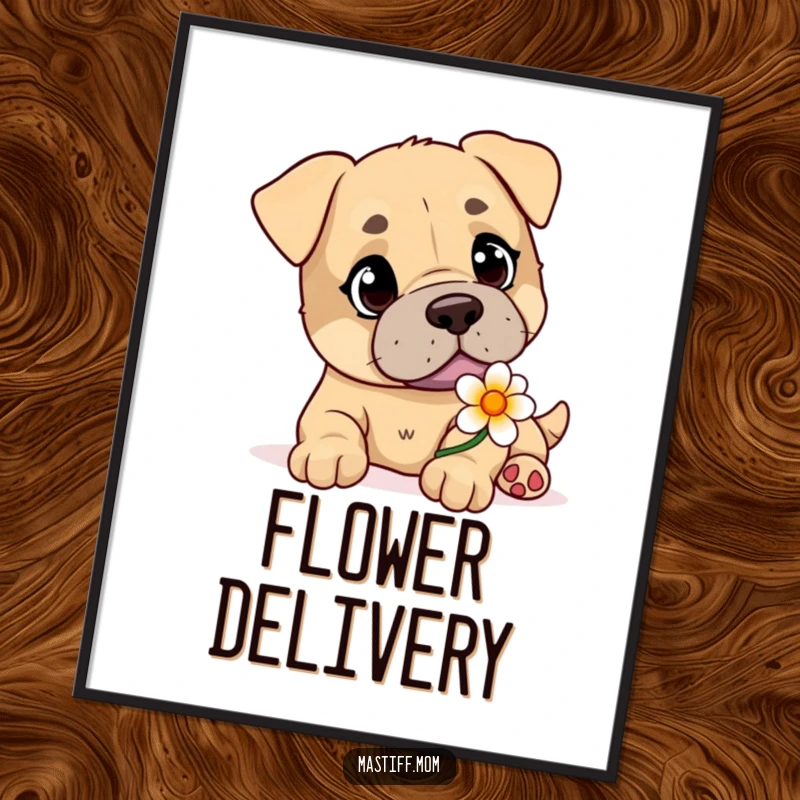 Funny Mastiff digital art print of a kind-eyed dog gently offering a beautiful flower, perfect for walls.