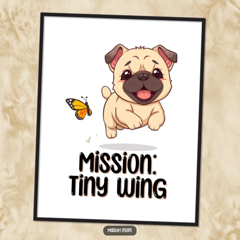 Funny Kawaii Mastiff puppy joyfully chasing a small butterfly, as a vibrant digital art print, an instant funny gift.