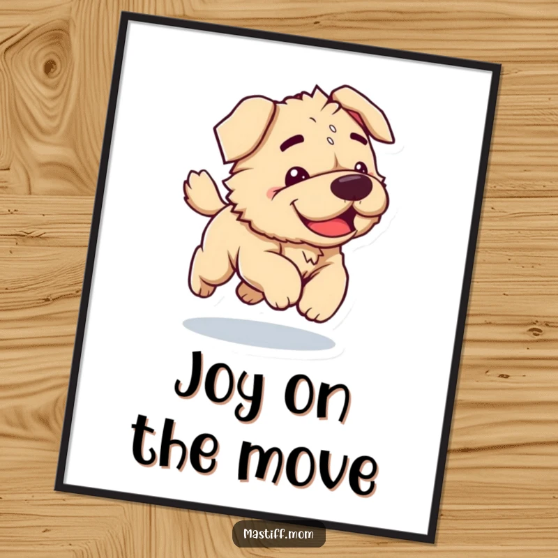 Funny Kawaii Mastiff digital art print of a clumsy dog joyfully bounding, capturing pure canine excitement and playful movement for instant decor.