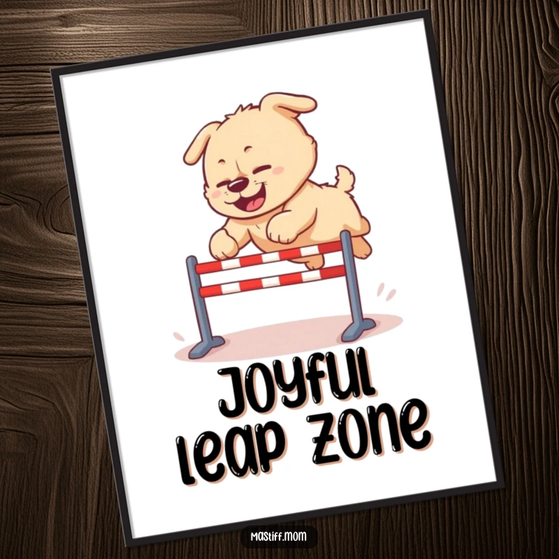 Funny Kawaii Mastiff digital art print, showing a dog mid-clumsy leap over a hurdle, high-resolution for dynamic and humorous display.
