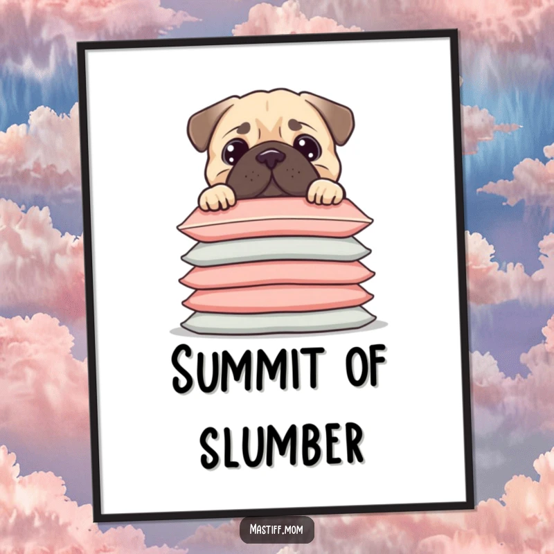 Funny Kawaii Mastiff peeking over a tall stack of cushions, as a whimsical digital art print, an instant funny gift.