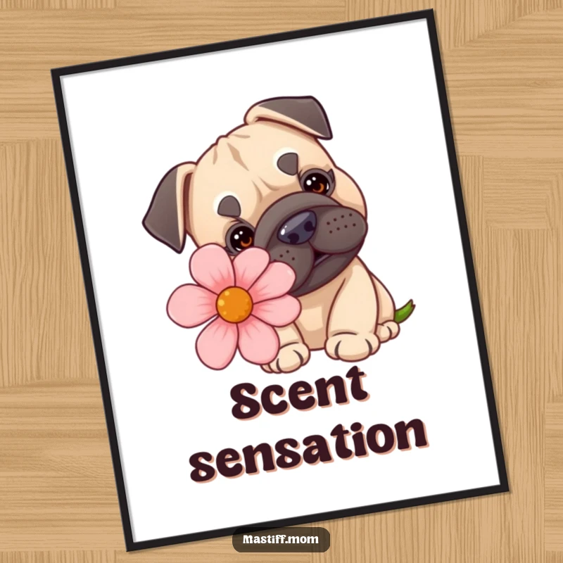 Funny, printable digital art of a kawaii Mastiff curiously sniffing a comically large flower, perfect for charming wall decor.