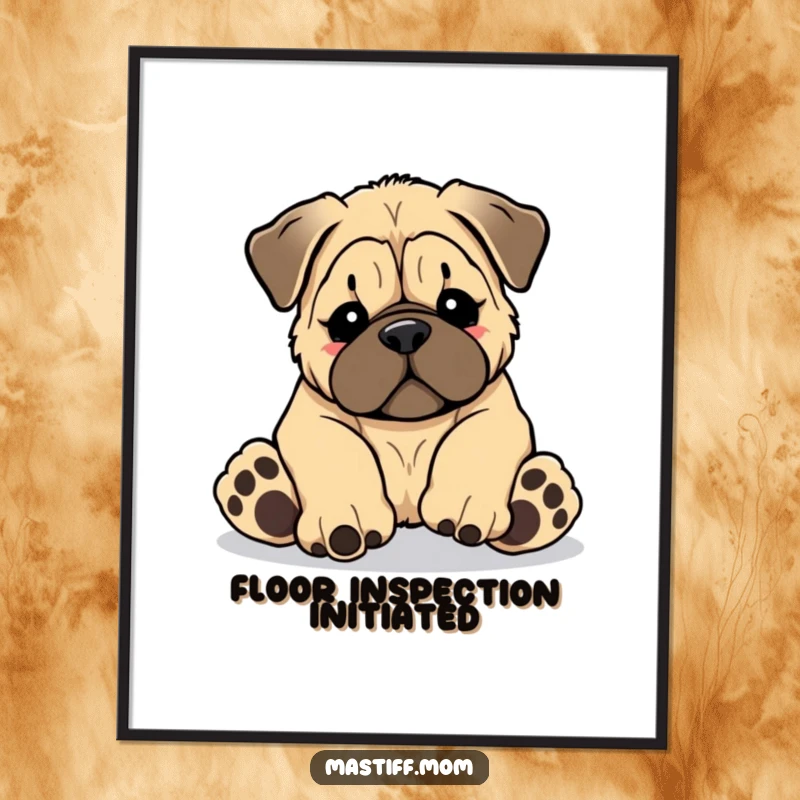 Funny Kawaii Mastiff puppy tripping over its giant paws, as a vibrant digital art print, an instant funny gift.