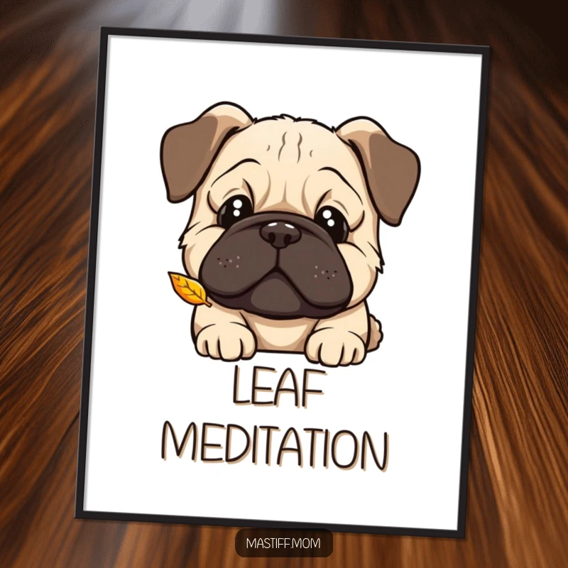 Funny Kawaii Mastiff digital art print, curious head tilt, watching a falling leaf, exuding gentle curiosity and autumnal humor.