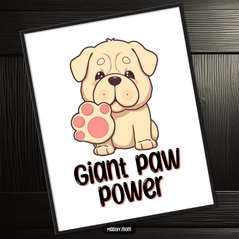 Funny Kawaii Mastiff digital art print, gentle eyes, offering a giant paw for shaking, exuding warmth and gentle canine humor.