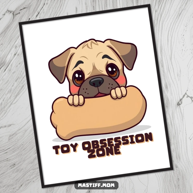 Funny Kawaii Mastiff Puppy Digital Art Print of a cute dog peeking from behind a giant chew toy, bringing smiles instantly.