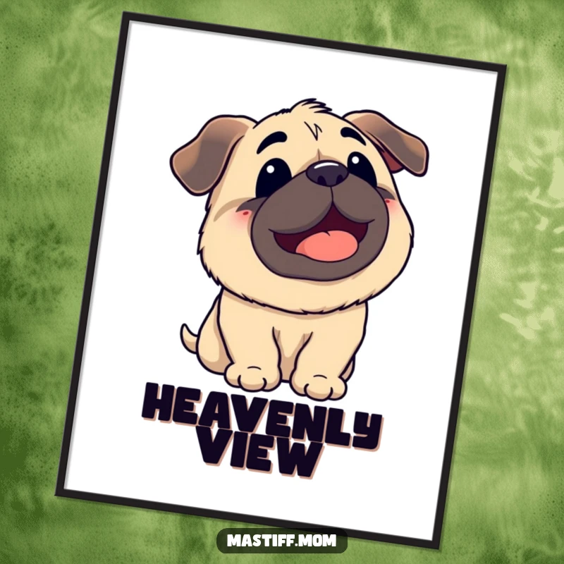 Funny Kawaii Mastiff Panting Looking Up at Sky Digital Art Print, cute dog illustration, joyful puppy, humorous wall art download.