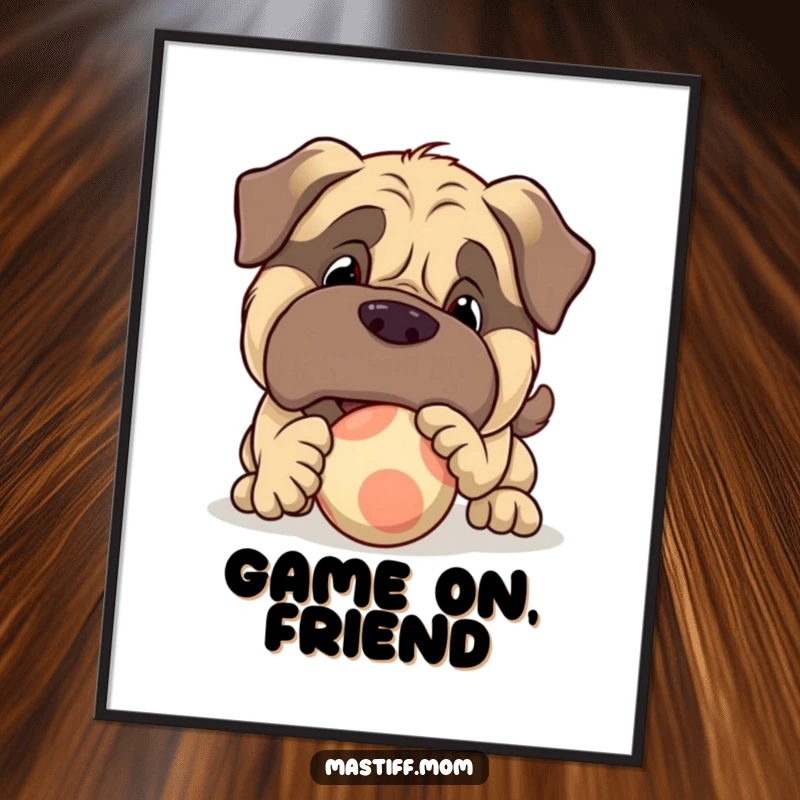 Funny, printable digital art of a large Mastiff character playfully nudging a bouncy ball, perfect for charming wall decor.