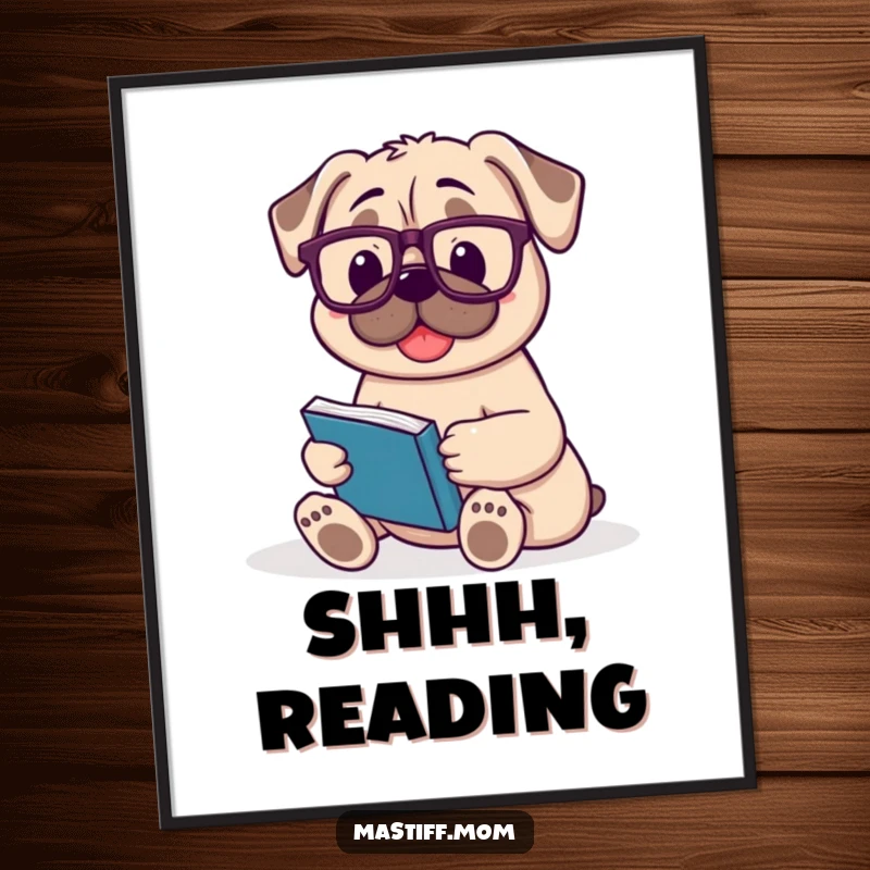Funny Mastiff digital art print of a happy dog wearing reading glasses, contentedly holding a book.