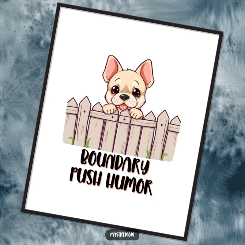 Funny, printable digital art of a Mastiff character playfully peeking over a comically low fence, perfect for charming wall decor.