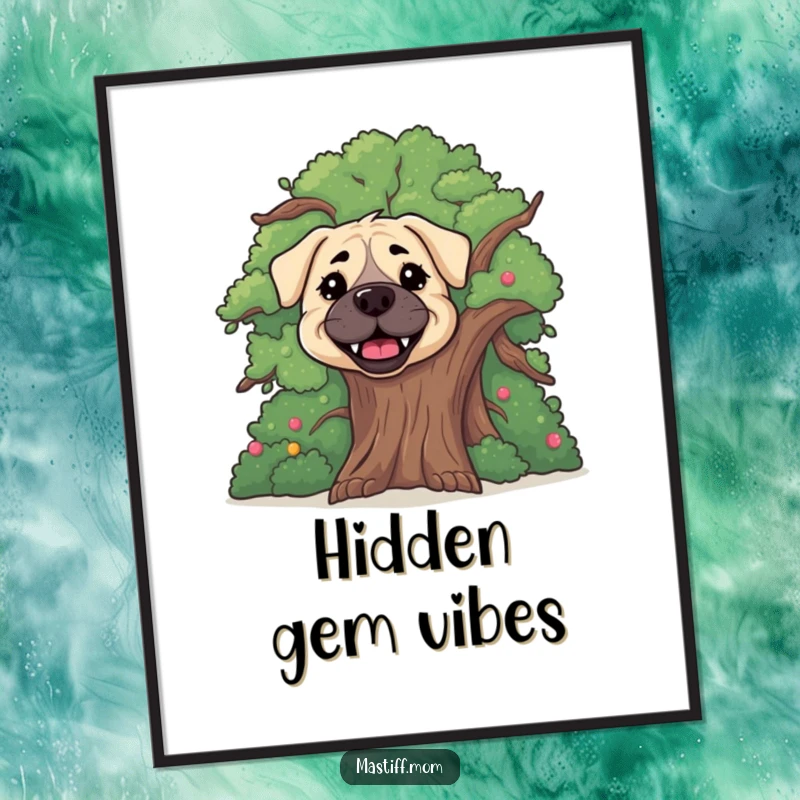 Funny happy Mastiff dog digital art print, capturing a cute dog playfully peeking from behind a large, cheerful tree.