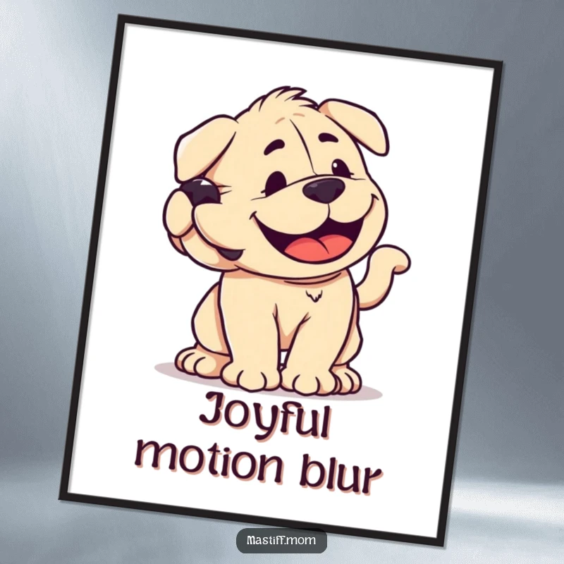 Funny, printable digital art of a smiling kawaii Mastiff wagging its tail with immense power, radiating pure, unadulterated joy.