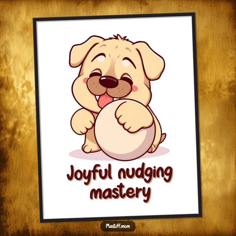 Funny Kawaii Mastiff digital art print, a silly dog with a big grin playing with a ball, downloadable wall art.