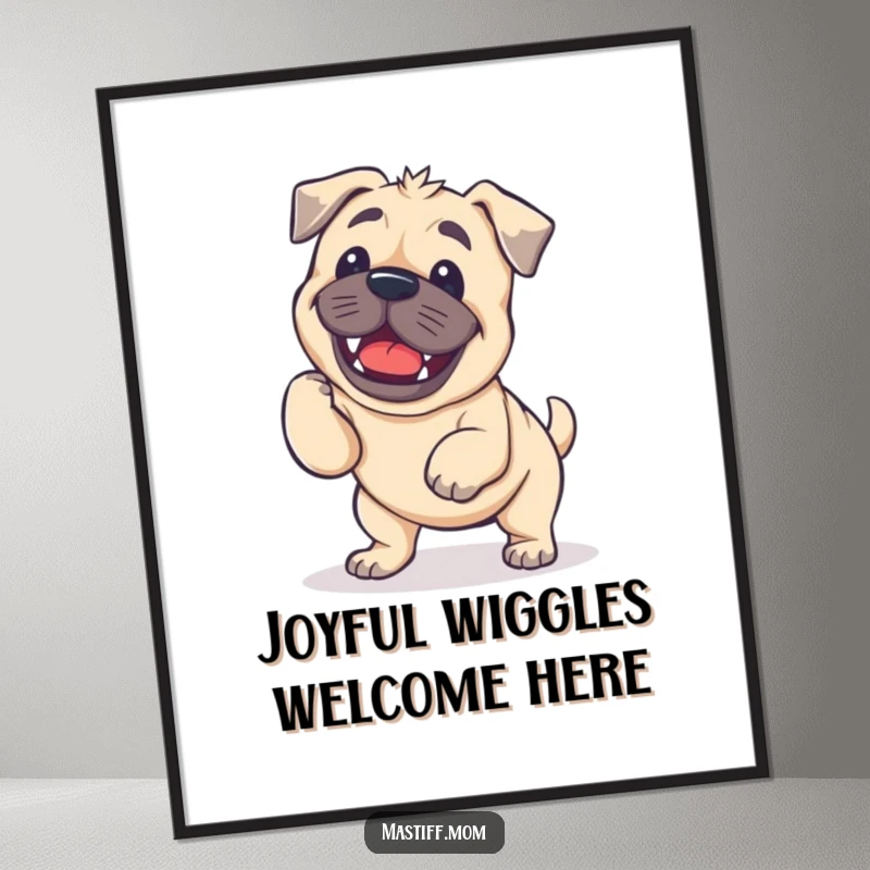 Funny Kawaii Mastiff Digital Art Print showing a dog performing a joyful, wobbly wiggle.