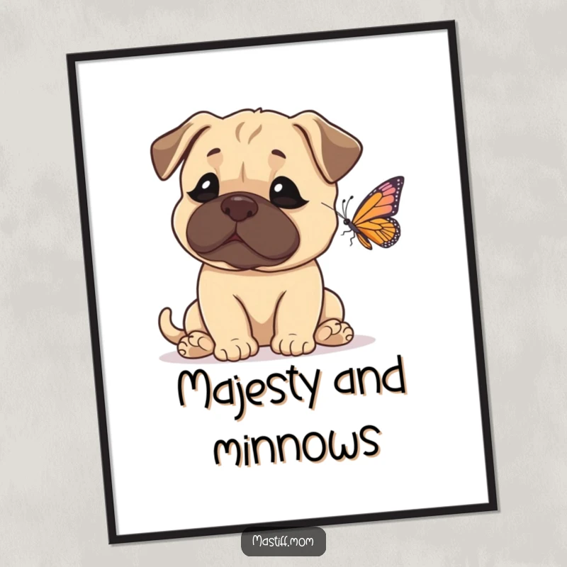 Funny Mastiff Digital Art Print: A dog’s hilarious, jaw-dropping reaction to a miniature butterfly, capturing pure wonder.