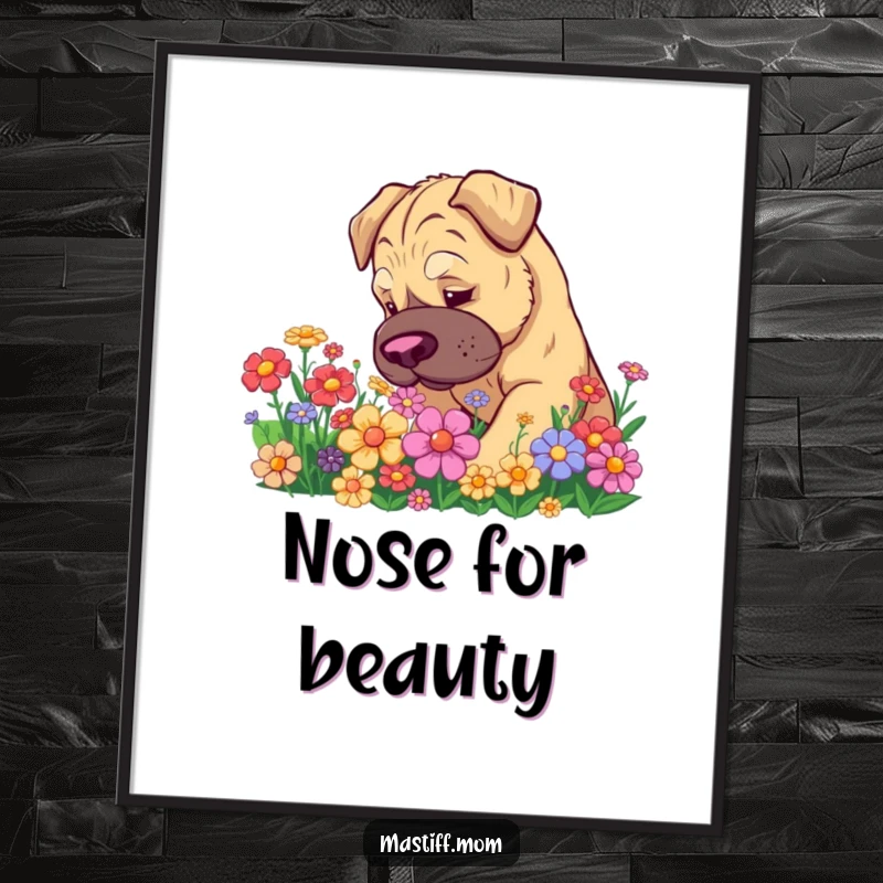 Funny Kawaii Mastiff Digital Art: Sweet dog curiously sniffing a colorful flower patch, offering a humorous and charming visual.